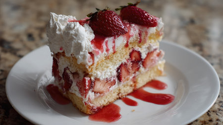 Homemade strawberry cake with visible sponge layers, whipped cream, and strawberry glazeの素材