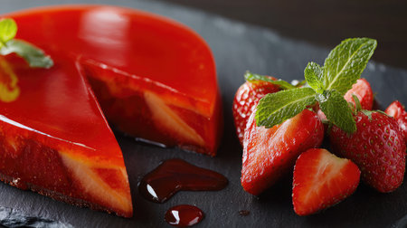 Glazed strawberry cake with smooth mirror finish and minimal decor, placed on black slateの素材
