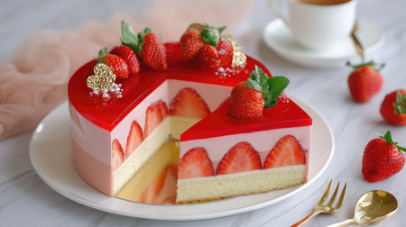 Layered strawberry chiffon cake with a shiny strawberry mirror glaze and golden baseの素材