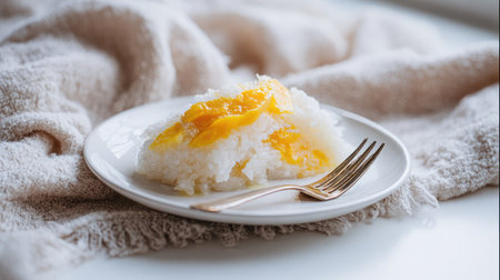 Minimalist photo of sticky rice and mango served on a white plate with soft natural lightの素材