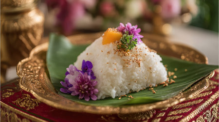 Mango sticky rice served with edible flowers and sesame seeds on a traditional Thai plateの素材