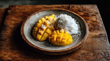 Fresh mango slices arranged beside sticky rice topped with coconut milk on a rustic wooden plateの素材