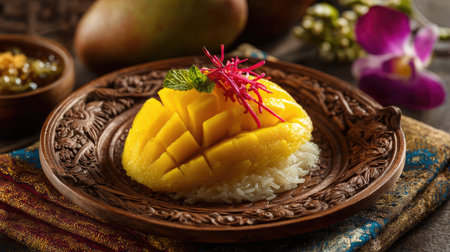Mango sticky rice served on a carved wooden dish with soft-focus tropical decorの素材