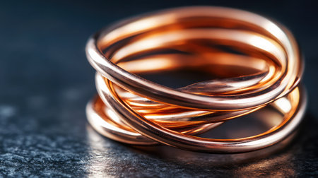 Coiled copper wire resting on a clean industrial surface with dramatic lighting and dark backgroundの素材
