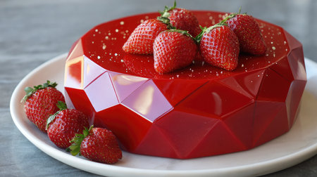 Modern strawberry cake with geometric glaze design and strawberries on topの素材