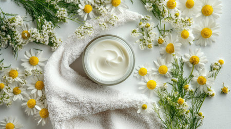 Body cream surrounded by chamomile flowers and warm towel in natural lightの素材