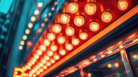 Retro lightbulb border sign on vintage cinema-style storefront under marquee lightsの素材