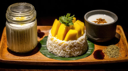 Sticky rice and mango presented with small jar of coconut milk and fresh pandan leavesの素材