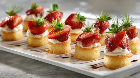Mini strawberry cakes arranged in rows on a serving tray with decorative sprigsの素材