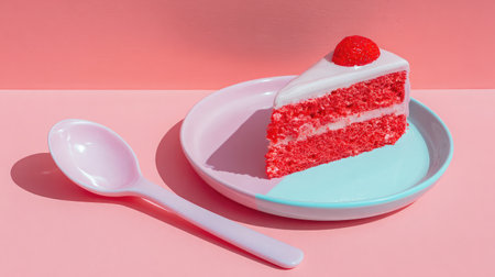 Minimal dessert setup with a single slice of strawberry cake on pastel plate and spoonの素材