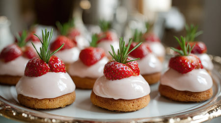 Mini strawberry cakes arranged in rows on a serving tray with decorative sprigsの素材