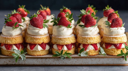 Mini strawberry cakes arranged in rows on a serving tray with decorative sprigsの素材