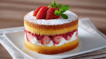 Overhead view of a strawberry sponge cake with alternating cream and fruit layersの素材