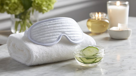 Cucumber blindfold and cooling gel in a serene white-on-white spa setupの素材