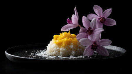 Elegant food styling of mango sticky rice on black ceramic plate with coconut drizzle and orchidの素材