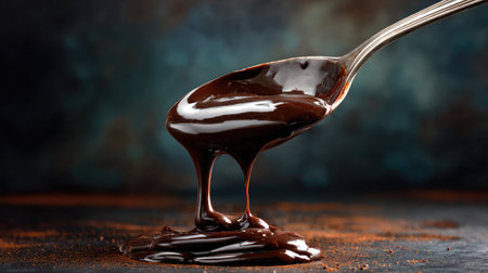 Glossy chocolate ganache slowly dripping from a spoon against a dark moody backgroundの素材