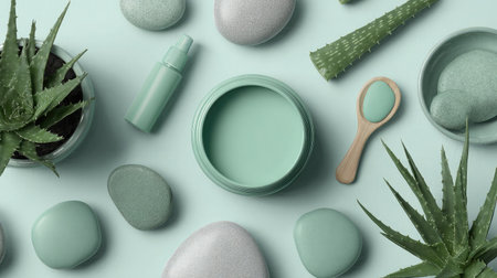 Flat lay of aloe vera-themed product label mockup with plant parts and samplesの素材