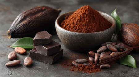 Rich cocoa powder mounded beside chocolate pieces and broken pods on textured backgroundの素材