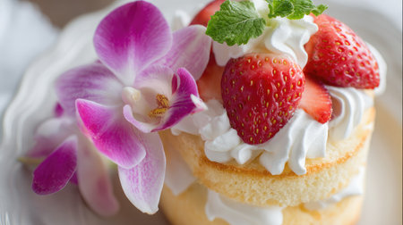 Strawberry angel food cake with delicate cream and fruit layered decorの素材