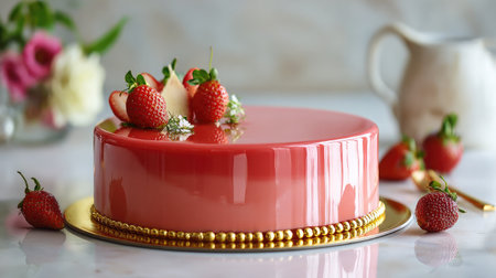 Layered strawberry chiffon cake with a shiny strawberry mirror glaze and golden baseの素材