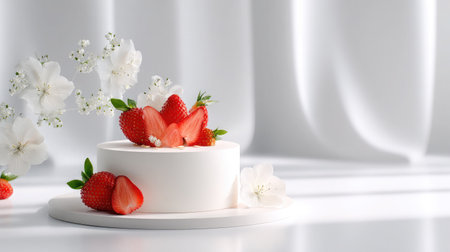 Soft sponge strawberry cake in minimalist white setting with clean and elegant stylingの素材