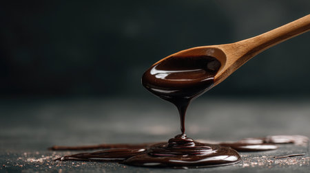 Glossy chocolate ganache slowly dripping from a spoon against a dark moody backgroundの素材