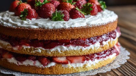 Overhead view of a strawberry sponge cake with alternating cream and fruit layersの素材