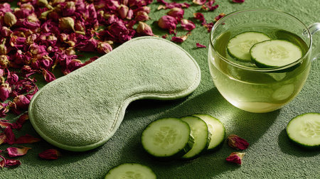 A wellness scene with sliced cucumbers on an eye cover, green tea, and flower petalsの素材