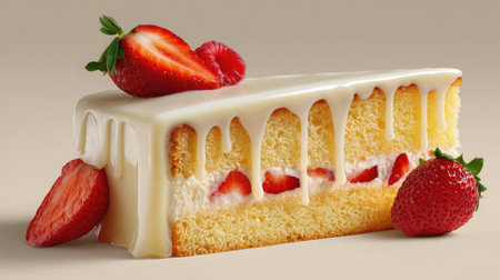 Strawberry cake slice with glaze drip and fresh fruit topping on neutral backgroundの素材