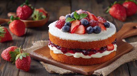 Strawberry cake with whipped cream layers and fruit toppings, captured on a rustic wood tableの素材