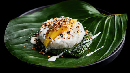 Traditional Thai mango sticky rice served on a banana leaf with sesame seeds and coconut cream drizzleの素材