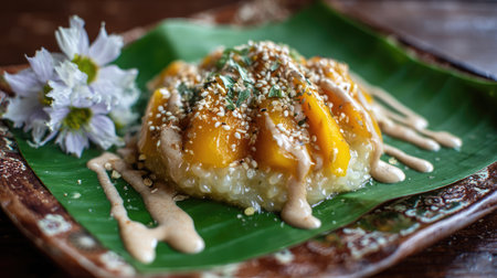 Traditional Thai mango sticky rice served on a banana leaf with sesame seeds and coconut cream drizzleの素材