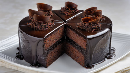 Sliced chocolate cake with glossy ganache topping and chocolate curls for garnishの素材