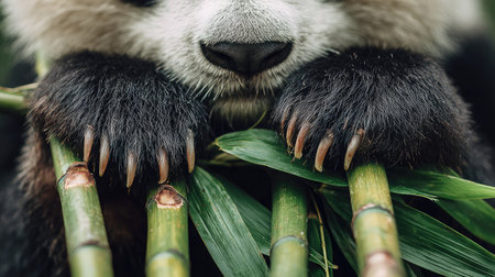 Close-up of panda paws holding bamboo stalks with bite marks on fresh green leavesの素材