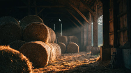 Golden hay bales stacked high in an open barn under warm sunlight in the countrysideの素材