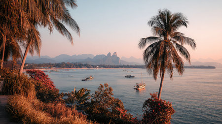Coastal scene in Thailand with palm trees, boats in the sea, and hazy mountains beyondの素材