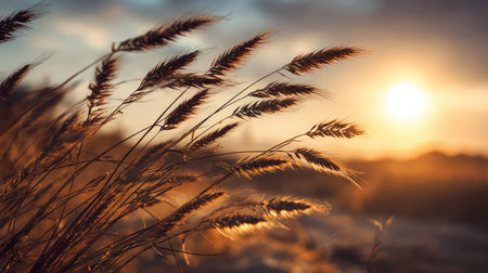 Close-up of wheat or barley swaying in the wind during golden hour on farmlandの素材