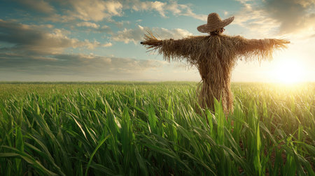 A scarecrow standing in the middle of a lush green farm field with crops growing all aroundの素材