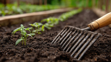 Close-up of a trowel and hand rake on soft soil with young seedlings emergingの素材