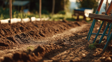 Freshly raked soil ready for planting with farm tools resting nearbyの素材