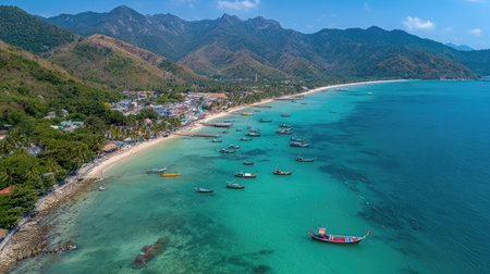 High-angle view of Thai coastline with traditional boats and distant mountain ridgesの素材
