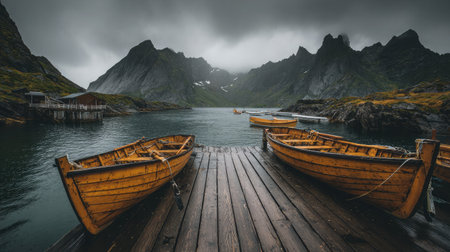 Small wooden boats tied near a pier with dramatic mountain backdrop and calm seaの素材