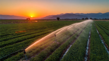 Sprinklers spraying over rows of crops under the glow of a setting sun in a wide-open fieldの素材