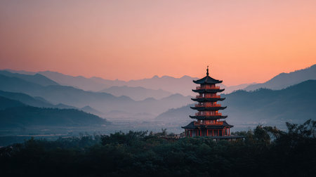 Sunset landscape with temple pagoda in front of a mountain valley bathed in soft orange lightの素材