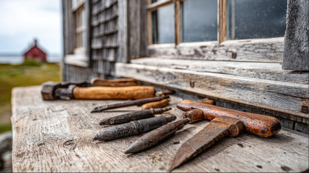Scattered hand tools resting on a weathered wooden workbench outside a farm buildingの素材