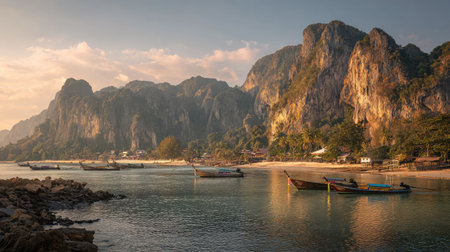 Wide view of bay in Krabi with longtail boats and sharp mountain cliffs in warm lightの素材
