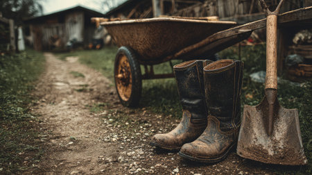 Worn-out boots covered in dirt placed next to a spade and wheelbarrow on a farm pathの素材