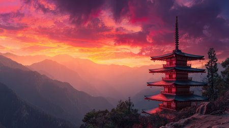 View of a traditional red pagoda overlooking hazy sunset mountains with vibrant sky colorsの素材