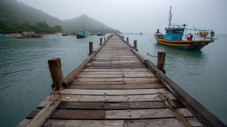 Wooden dock extending into Thai sea with boats tethered and misty hills in the distanceの素材