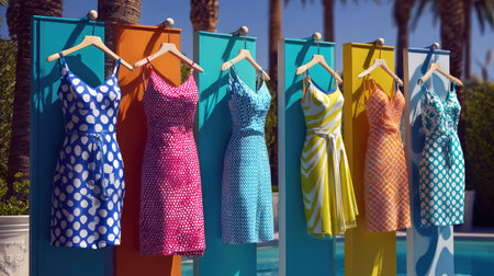Display of designer swimsuits on floating pool platform with palm shadows overheadの素材